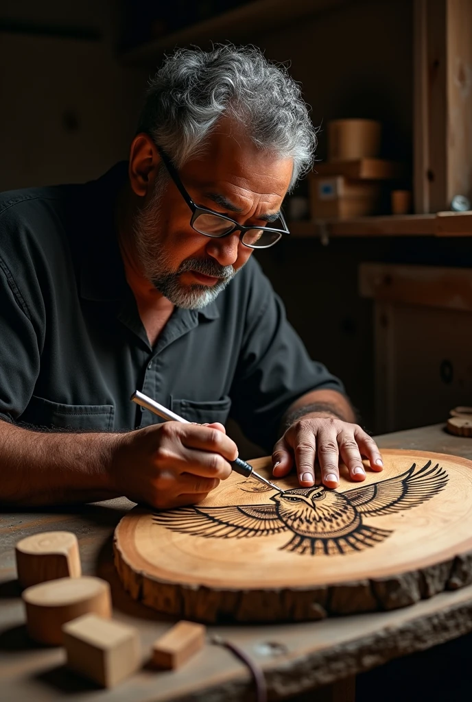 A dark-skinned Mexican man, 40 years old with glasses and short beard, making pyrography on wood of an owl, as if I were tattooing