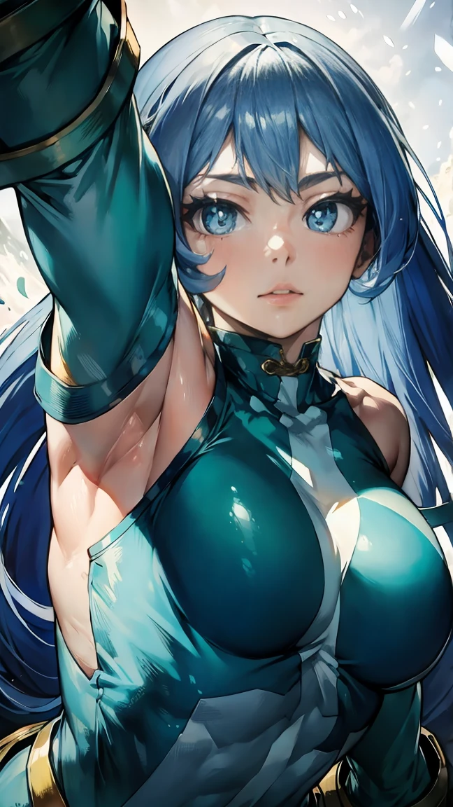 Nejirehadu, Nejire Wave, Blue eyes, blue hair, long hair,
壊す blue Body, Body, drill hair, gloves, green Body, multicolored Body, colorful clothes, yellow gloves,
((beautiful body)),，
BREAK white background，BREAK снизу，Looking down，look down，
a tearing dynamic frame，kung fu pose，top quality, a high resolution, unity 8k wallpaper, (form:0.8), (Beautiful and detailed eyes:1.6), very detailed face, perfect offer, detailed computer graphics, (perfect hands, Ideal Anatomy),