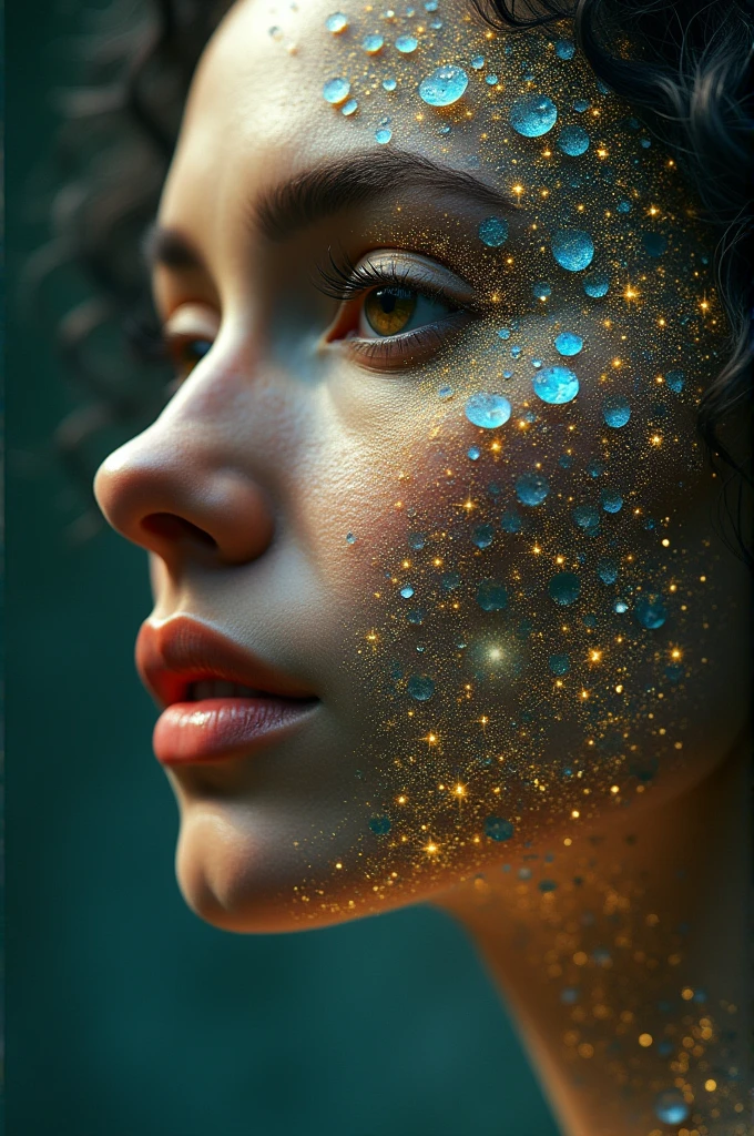 Portrait of a woman with exotic facial features, layers peeling away to reveal a mystical representation of her deeper self, an ethereal aura, luminescent with intricate otherworldly patterns cascading over her form, contrasting with her initially simple, yet vivid, visage, symbolic elements, juxtaposition of shadow and light, depth of field focusing on the tangible self transitioning to the intangible, high-resolution digital painting, ultra-realistic,