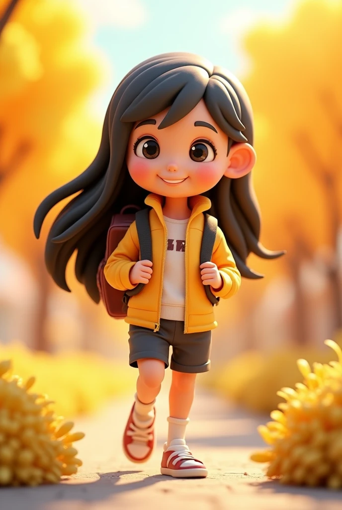 A girl(boy) with a backpack,Full body, happy,black hair,in a beautiful environment, in the style of light yellow and orange,clean background, rendered in cinema4d, made of rubber, qiu shengxian, colorful cartoon embossed paper, suburban ennui capturer,Popmart, octane rendering, ultra details, the best quality, HD, C4D ultra details, the best quality, HD,C4D