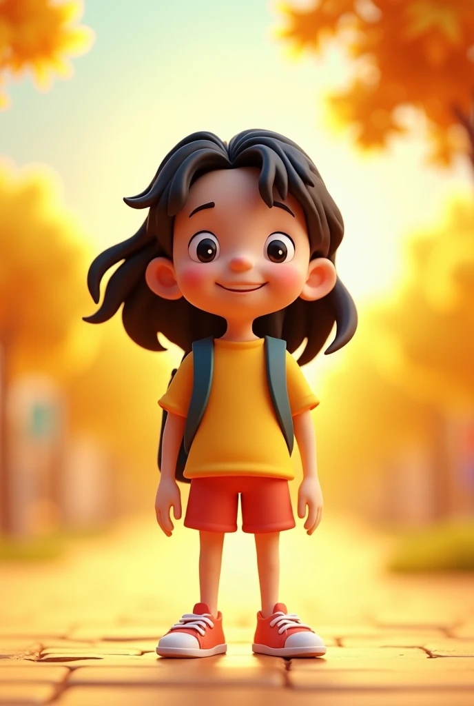 A girl(boy) with a backpack,Full body, happy,black hair,in a beautiful environment, in the style of light yellow and orange,clean background, rendered in cinema4d, made of rubber, qiu shengxian, colorful cartoon embossed paper, suburban ennui capturer,Popmart, octane rendering, ultra details, the best quality, HD, C4D ultra details, the best quality, HD,C4D