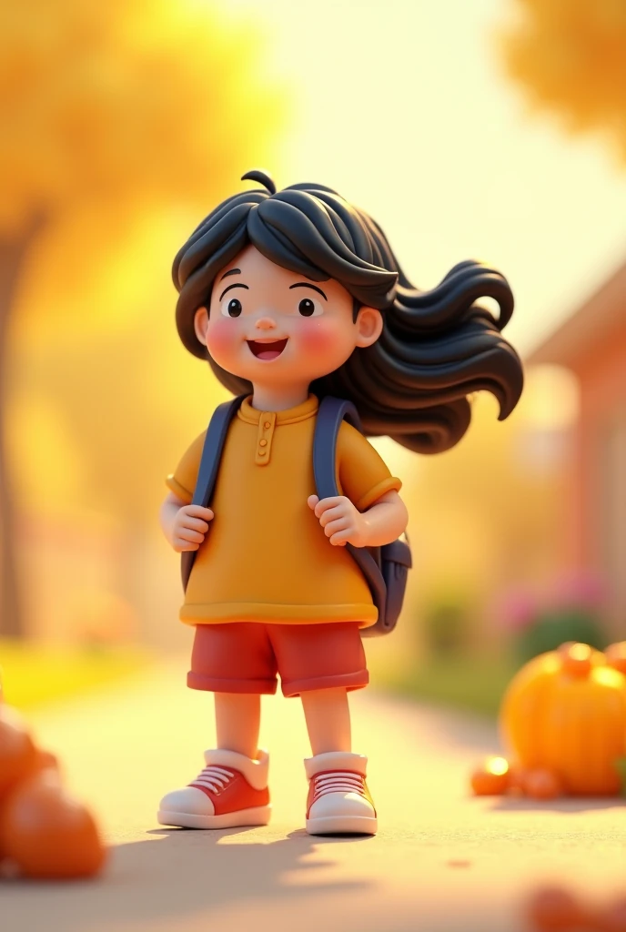 A girl(boy) with a backpack,Full body, happy,black hair,in a beautiful environment, in the style of light yellow and orange,clean background, rendered in cinema4d, made of rubber, qiu shengxian, colorful cartoon embossed paper, suburban ennui capturer,Popmart, octane rendering, ultra details, the best quality, HD, C4D ultra details, the best quality, HD,C4D