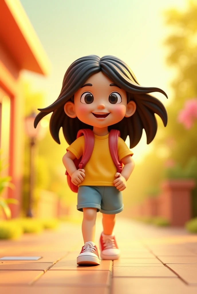 A girl(boy) with a backpack,Full body, happy,black hair,in a beautiful environment, in the style of light yellow and orange,clean background, rendered in cinema4d, made of rubber, qiu shengxian, colorful cartoon embossed paper, suburban ennui capturer,Popmart, octane rendering, ultra details, the best quality, HD, C4D ultra details, the best quality, HD,C4D