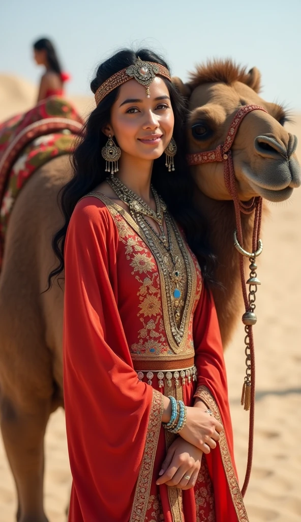 looking Arabian camel , hug camel, Front view ,Full-body, standing pose, on sand, near sultan tent, (( An Arabian camel, decoration camel harness:1.5)), a Persian ancient girl, exotic Persian girl is 20 years old, (Black hair ,long hair, Brown eye), (Her eyes were outlined with kohl:1.3) , (little Lips, smile), (Gorgeous head band with jewel), (middle breasts, middle hip), (She wore a knee-length light red gorgeous design red gown adorned with intricate embroidery, complemented by light blue bangles and necklaces. A second, longer shawl covered her head and shoulders, Kaunakes ), (framing her face like a White see-through veil), gorgeous sandal, ((Surrealism, UHD, retina, masterpiece, anatomically correct, accurate, textured skin, super detail, high details, high quality, best quality, 8k))