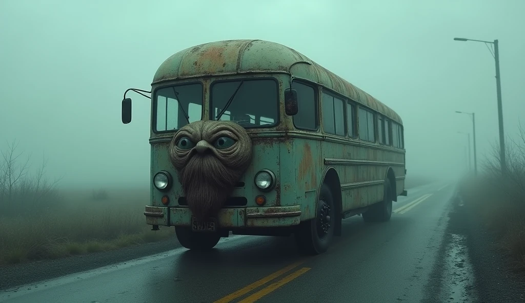 Best quality, masterpiece, road background, bus with human face, old bus, peeling paint, wrinkled face, expressionless face, bearded face, sci-fi, detailed science, life science, detailed image texture, creepy, scary, creepy atmosphere (not AI image), cloudy weather, fog, low color image, creepy, character filling the screen, image from different angles