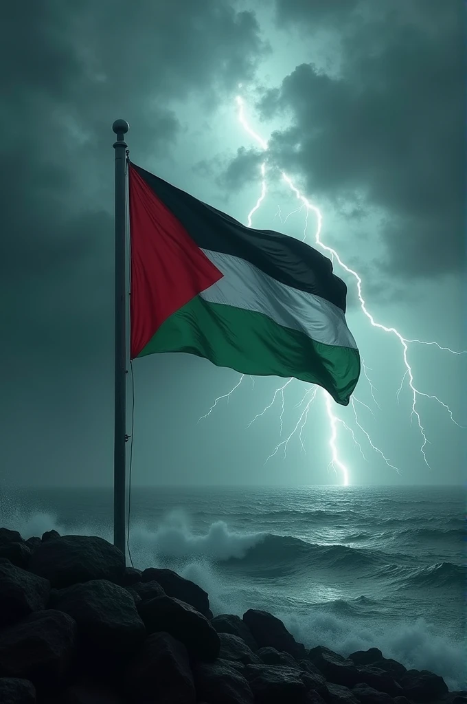 Palestine flag with the near sea or darky weather rainy season black weather electricity on sky and fog