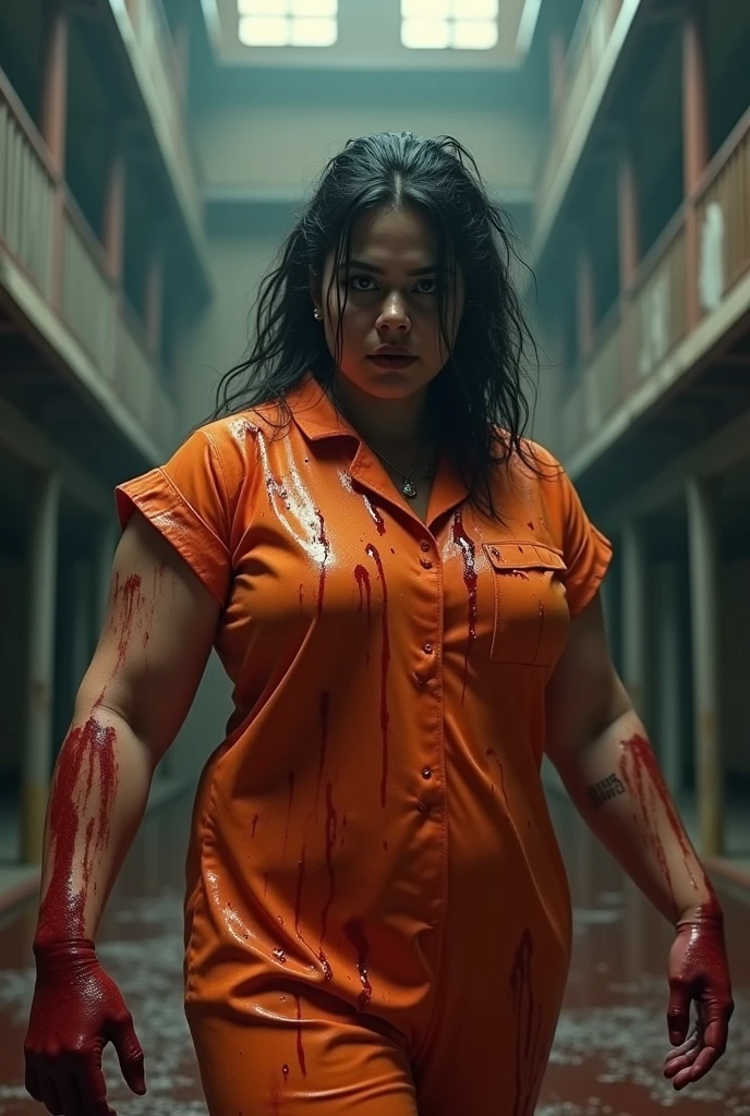 ((huge female prison in background)), posing photo of a powerful, muscular, big girl, Indian, big thick arms, thick arms, fair-skinned girl covered in blood, (((intense eyes))), determined, messy hair, glistening, dripping with blood, wearing an orange prison costume, (masterpiece) (best quality) (detailed) (8k) (HDR) (wallpaper) (cinematic lighting) (sharp focus) (intricate), (((zoomed out shot))), (((big thick girl))), (((muscular body))), (((big girl)))