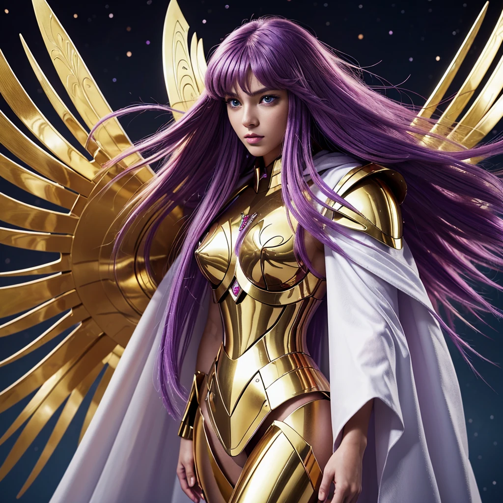 hyper realistic ultra detailed photograph , 8K, ultra-detailliert, ​masterpiece, top-quality, A high resolution, realistic skin textures, (fimale people:1.2), twinks, a beauty, Cool girls, long purple hair,With keen eyes, Bad eyes, armature, (Photorealsitic:1.4), hight resolution, Raw foto, One Girls, shinny skin, (detailedskin:1.2), realistic skin textures, The best lighting, brilliance, mecha-armored, dramatic  lighting, Saint Seiya's Fighting Pose, (sangtuary background:1.3), use staff energy cosmo yellow, cosmos, Athena Armor, golden armour, (de pele branca), (long bluish-purple hair:1.1), He wears a long white cape that goes down to his feet., 2, Hair and cloak fluttering in the wind
