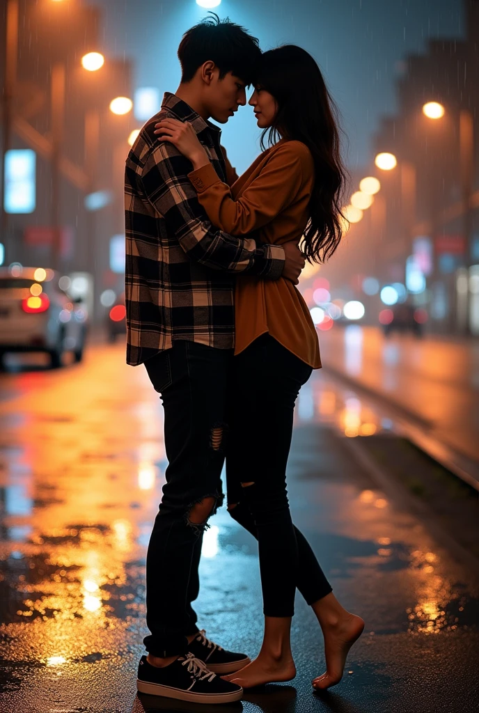 A striking and highly detailed image of a young Korean couple. The man carries the woman with both hands and the woman hugs the man romantically on the side of a busy night street. ( romantic lift hug ) full body photo. They looking the viewer. The men wear flannel shirts, ripped black jeans with casual shoes, while the women wear stylish tunics and fitted black pants with no shoes. The city lights and traffic lights illuminated the surroundings, emitting a warm and inviting glow. Dramatic scene. Dramatic light. Rainy conditions. The couple's expressions convey deep connection and passion, as they share intimate moments in a dynamic urban setting.