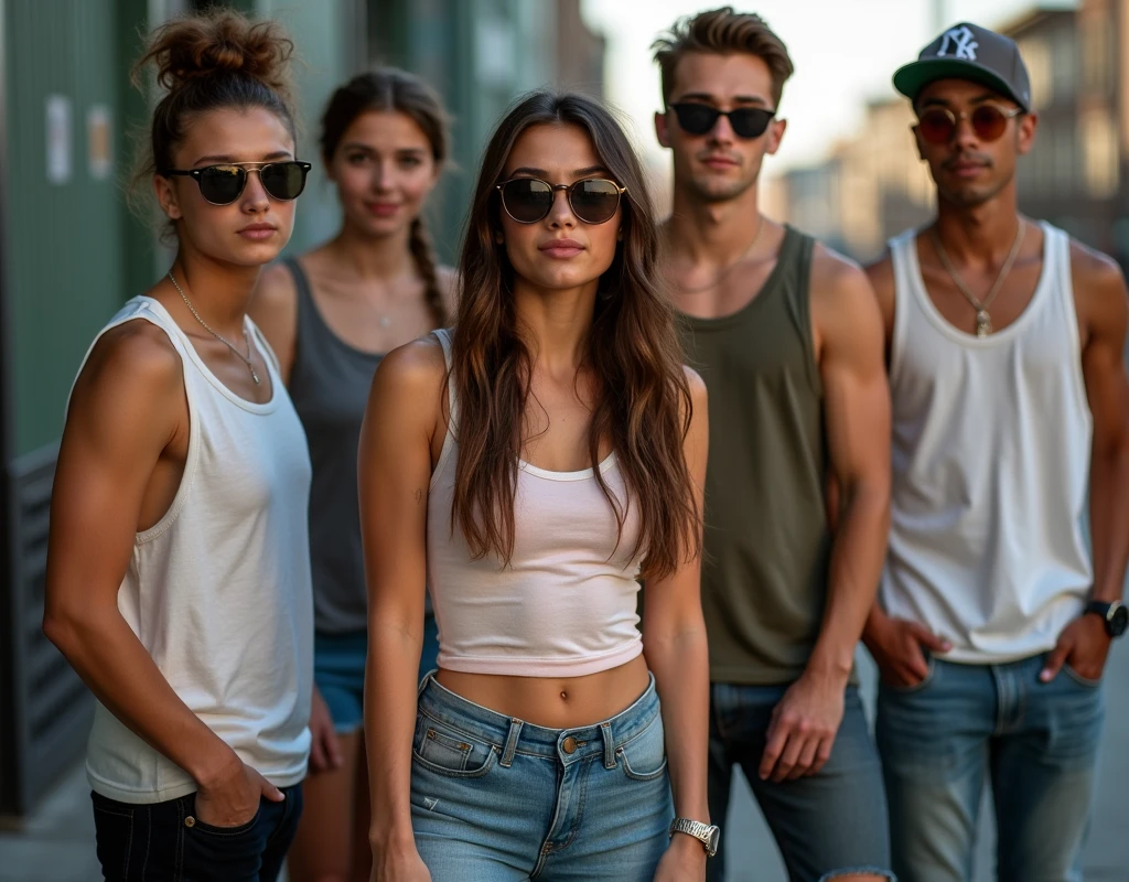 Photo of a age girl in skater fashion and her male and female friends. Everyone is wearing a tank top. It's a cool and stylish image.