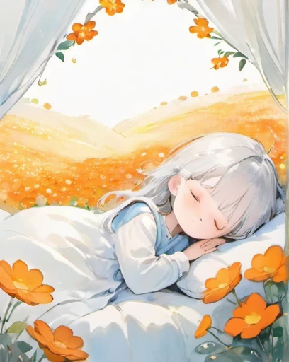 Silver Hair、Sleep on a futon、Earth、Illustration of a shy and sleepy girl, Completely white image, Very soft color, watercolor, Flowers, Hannah Dale,Lots of little orange flowers blooming