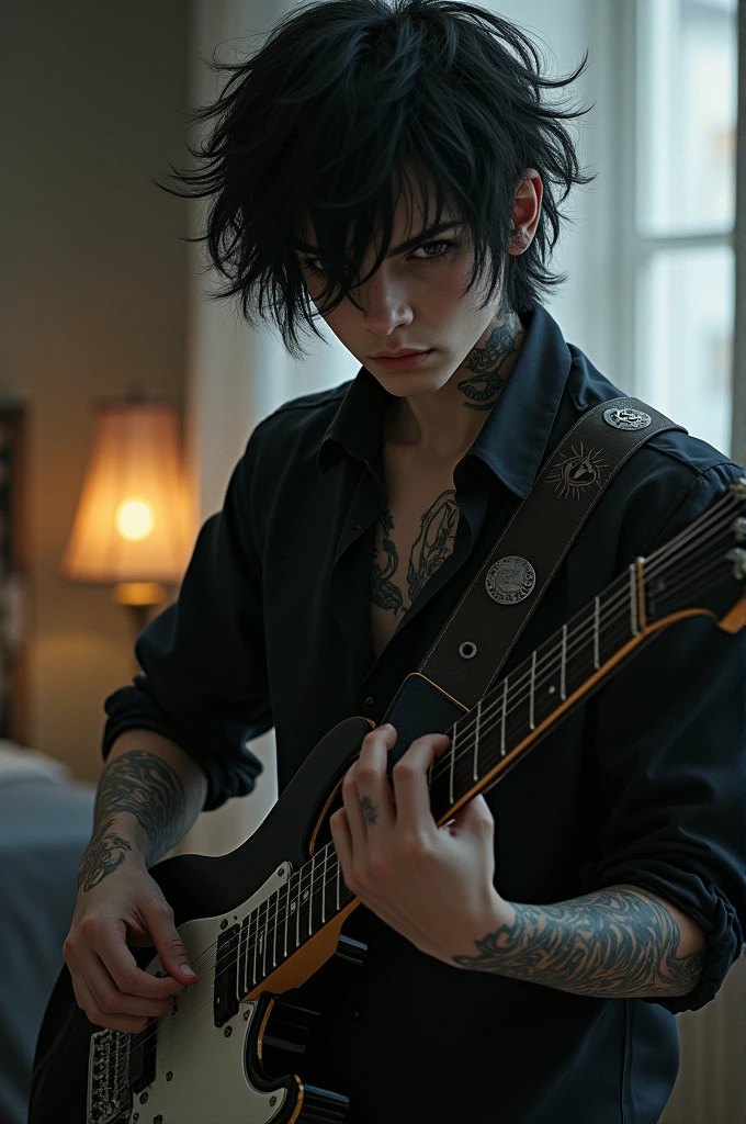pale skin boy,intimidating and rock look,messy and medium hair,with serious expression,playing guitar in his room,tattoos and strong