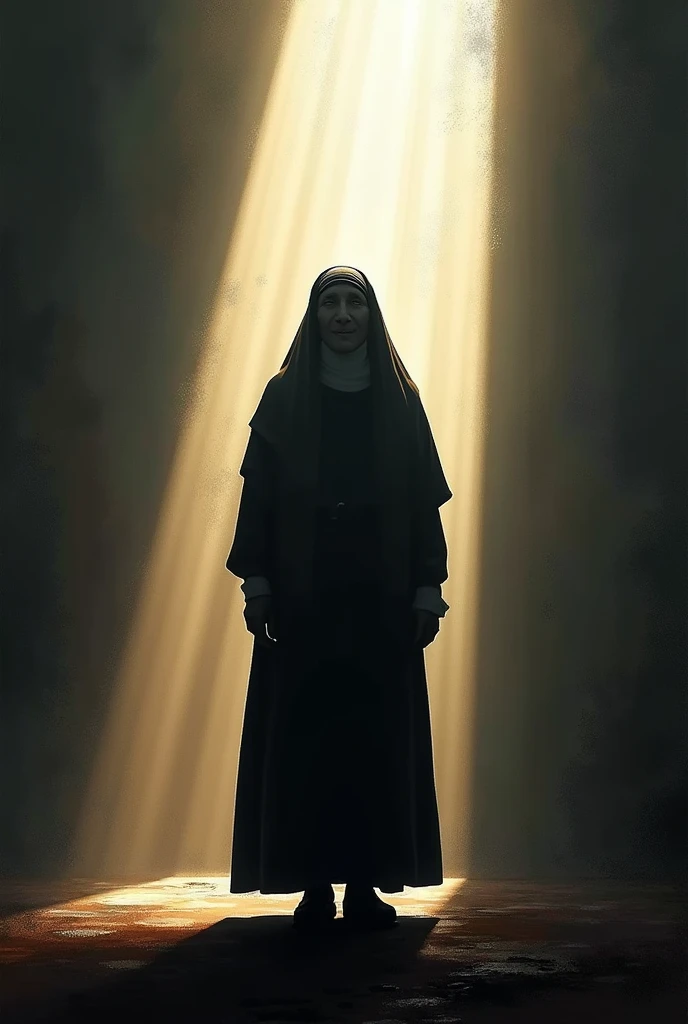"A symbolic image of light and shadow crossing each other, with a silhouette of Mother Teresa standing at the center. The background should be abstract, focusing on the contrast between light and dark, symbolizing the duality of her public image."
