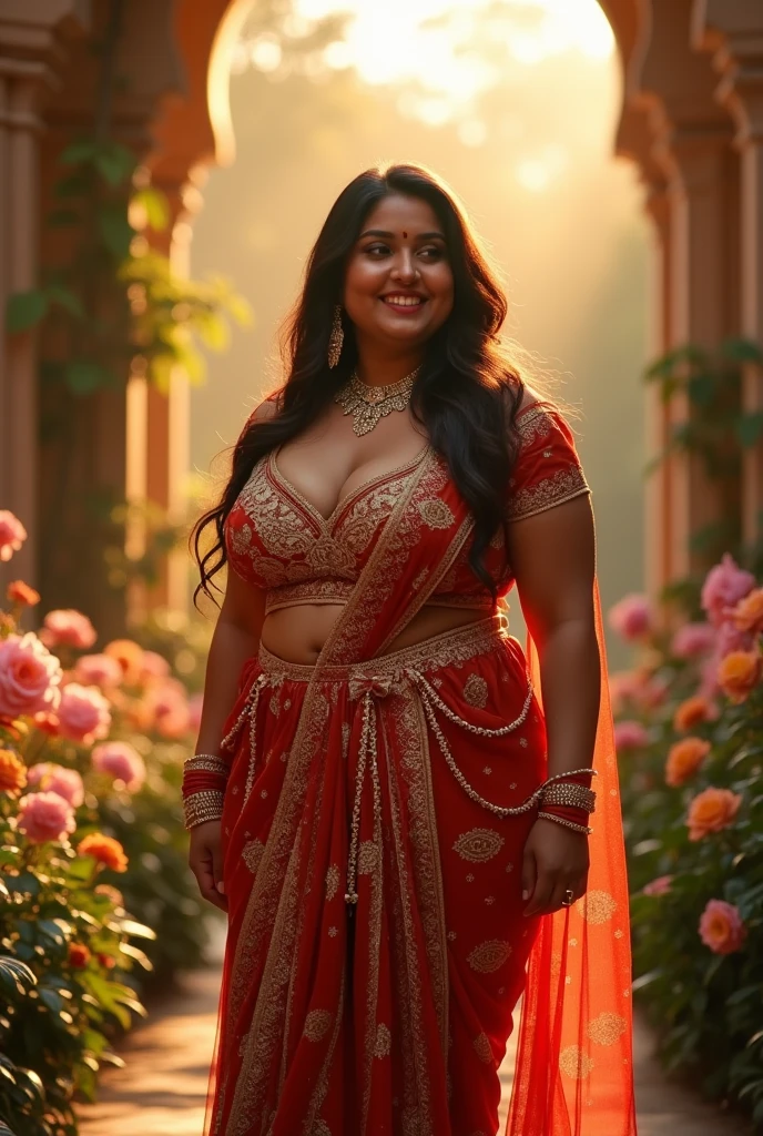 a very short and chubby voluptuous smiling Indian woman with huge saggy breasts wearing trendy gorgeous intricate traditional dress without bra at a royal palace flower garden during golden hour, warm backlit dreamlike atmosphere, soft cinematic focus, anamorphic lens flares, masterpiece, by Zack Snyder,