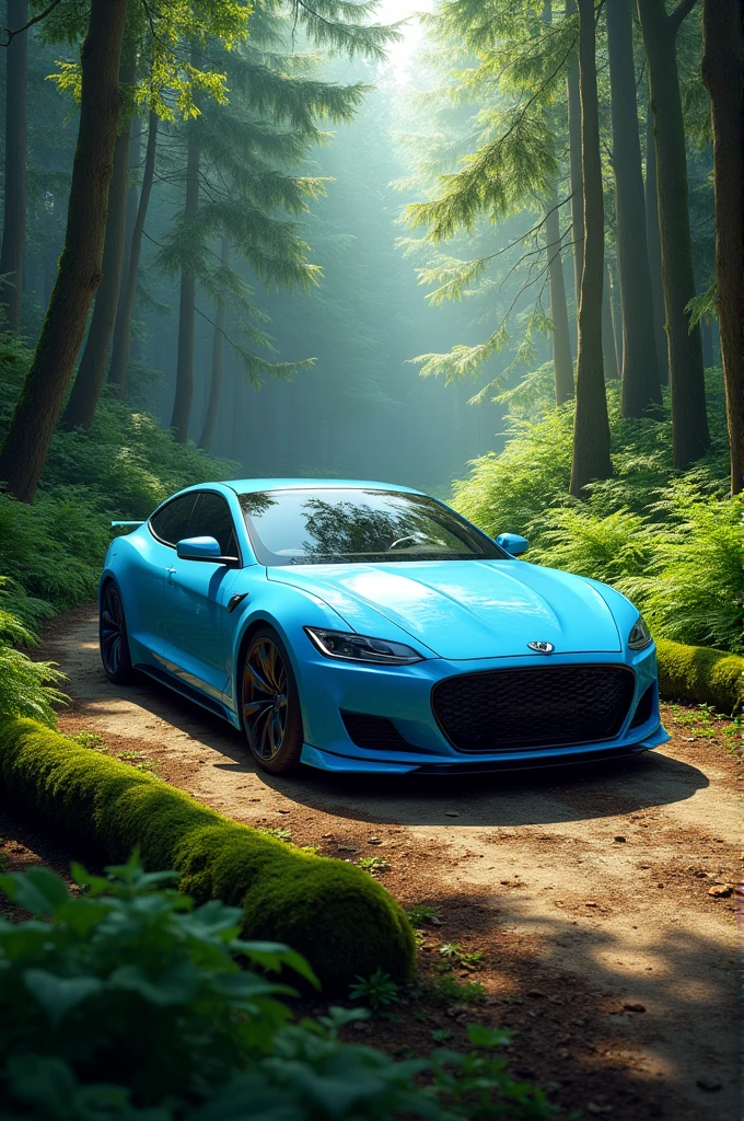 A sky blue car in a forest 