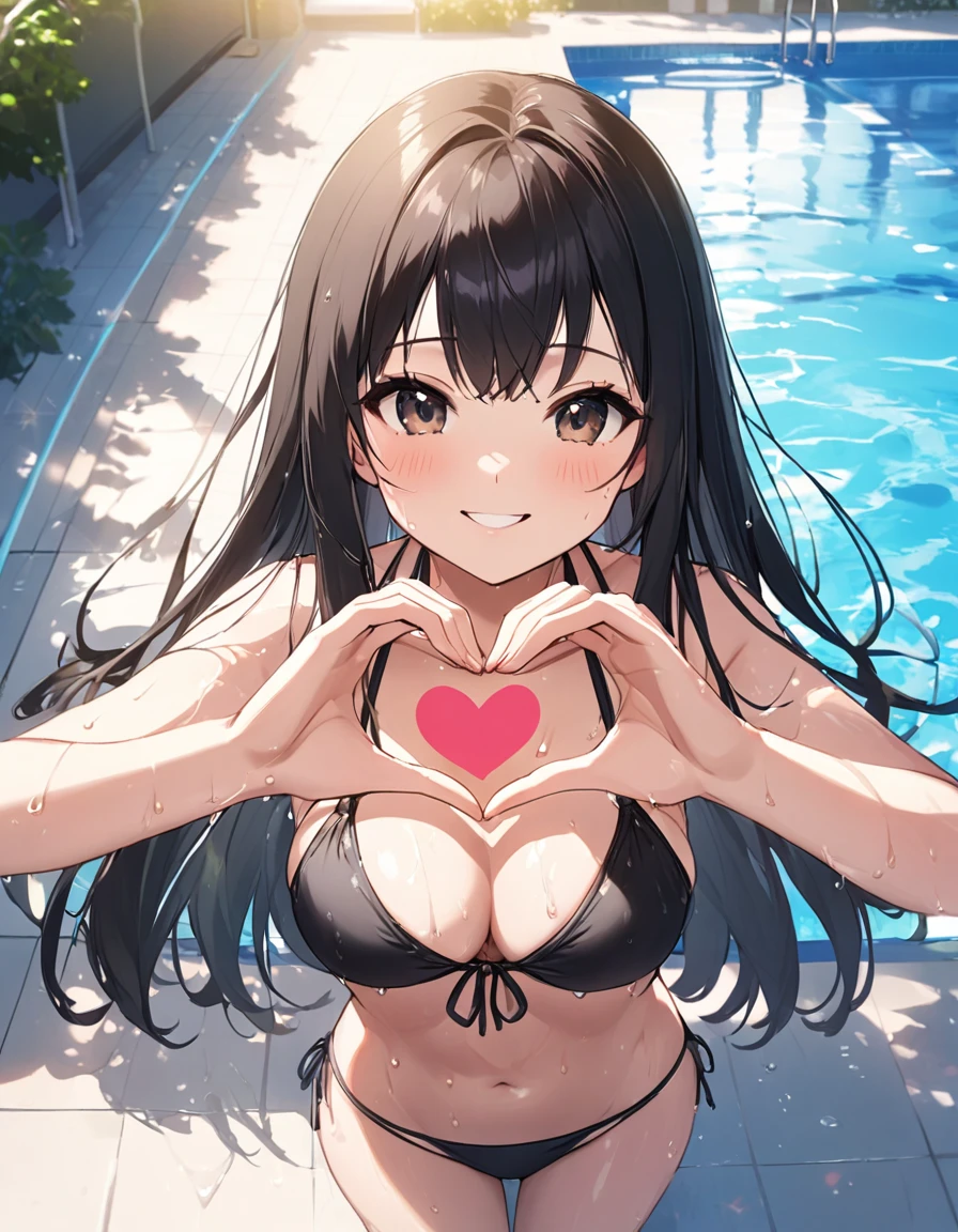 Girl, cute, adorable, smiling, from chest up, straight hair, long hair, black hair, clear weather, sweat, sunlight, from above, looking at the camera, heart hands,
make a heart(shape) with fingers, pool, daytime, wet, bikini