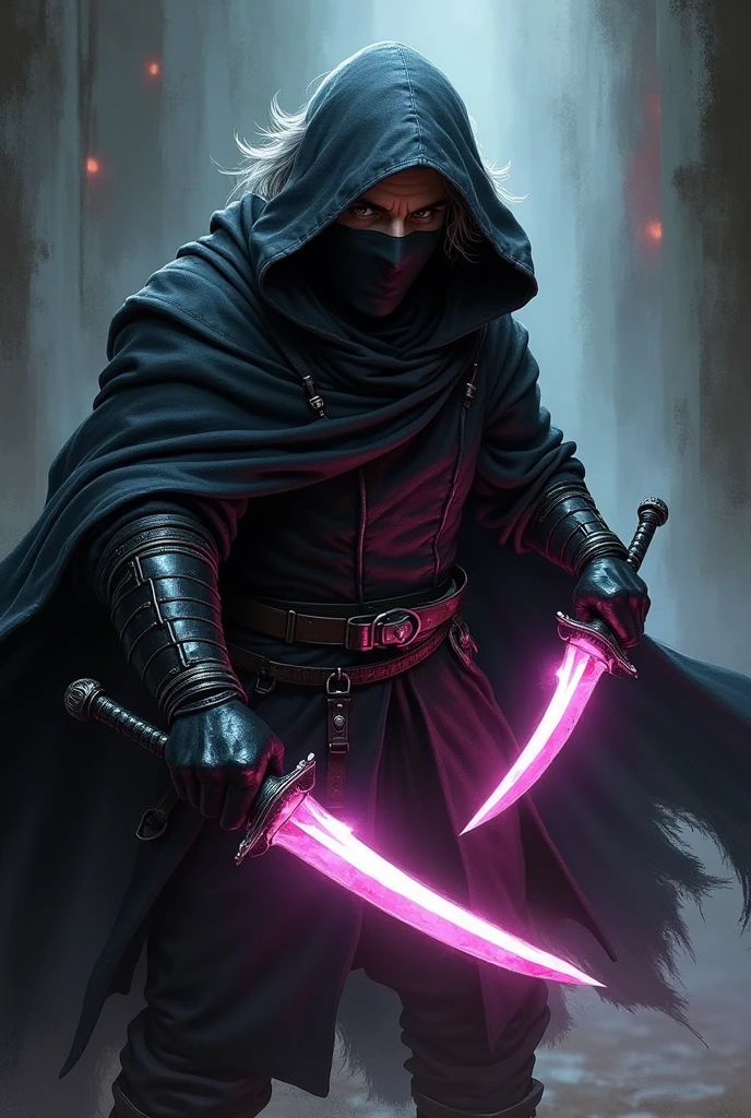 dnd, dungeons and dragons, lightfoot halfling, rogue, short, little person, tiny adult man, round human ears, assassin, ninja, stealth, sneaky, mask, covered mouth, psychic, scary, intimidating, solo, single person, action pose, fighting, pale white skin, short wavy black hair, light grey eyes, handsome, male, middle aged, skinny, anime, graphic novel, comic book, black leather armor, black cloak, large black hood, mask covering nose and mouth, short pink ethereal knives in both hands, small knives, magic, ((masterpiece, best quality)), trending artwork