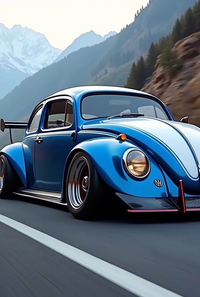 Blue and white Volkswagen Beetle with racing wheels and an aggressive rear diffuser
