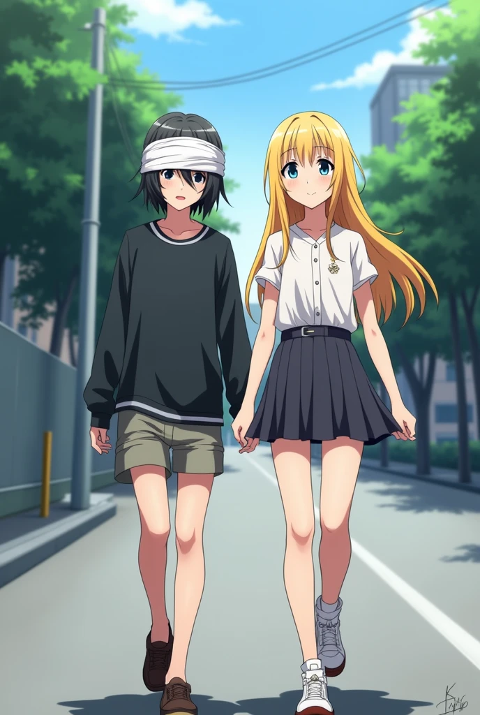 An 1 anime girl with short black hair in boys&#39; clothes walks in the street with her head wrapped in a bandage and her friend next to her is the same age with long yellow hair and blue eyes in short, elegant clothes
