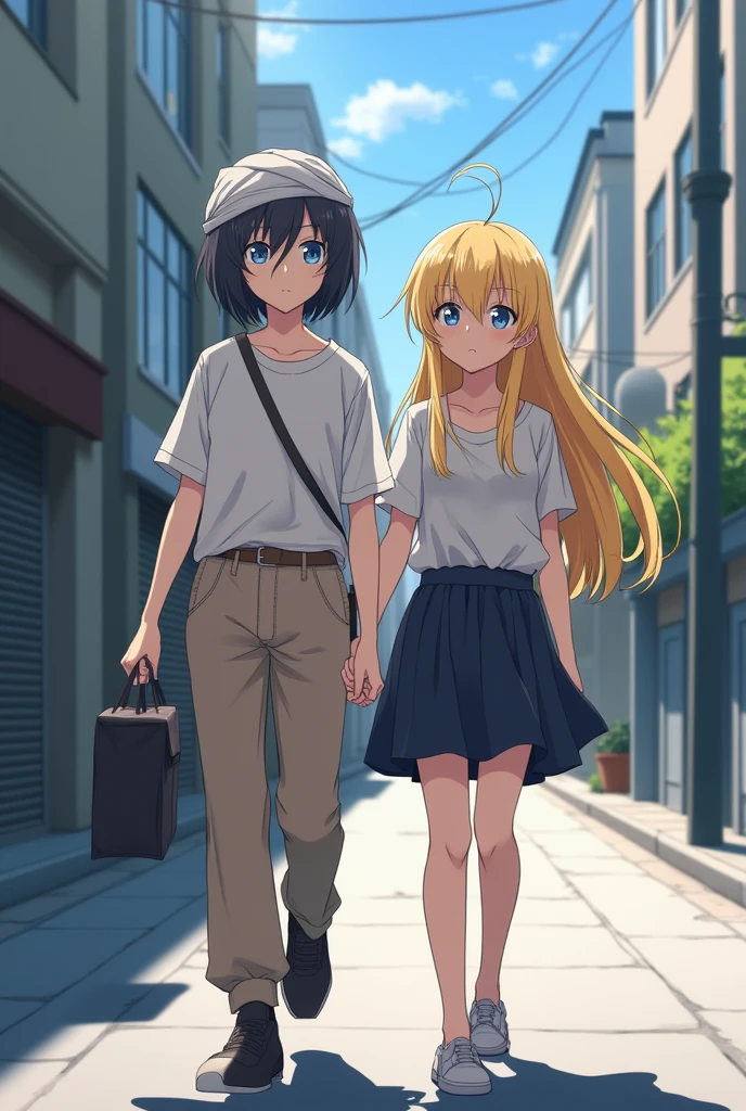 An 1 anime girl with short black hair in boys' clothes walks in the street with her head wrapped in a bandage and her friend next to her is the same age with long yellow hair and blue eyes in short, elegant clothes