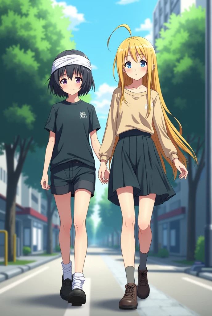 An 1 anime girl with short black hair in boys&#39; clothes walks in the street with her head wrapped in a bandage and her friend next to her is the same age with long yellow hair and blue eyes in short, elegant clothes
