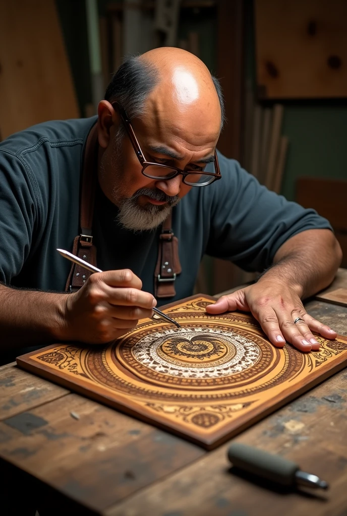 A dark-skinned, bald Mexican man, 40 years old with glasses and short beard, making pyrography on wood of an owl, as if I were tattooing

