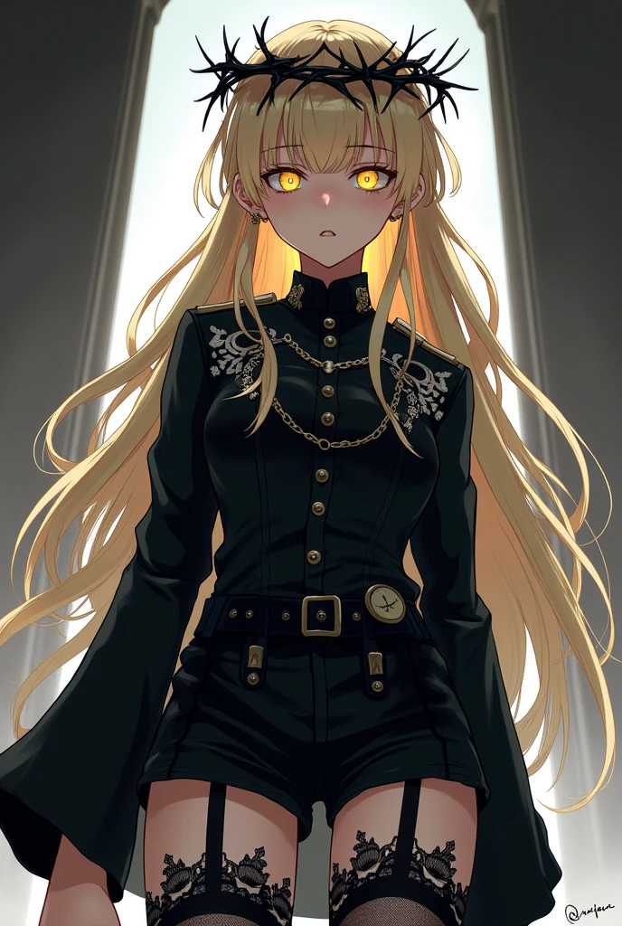 Make a manga-style, perspective-driven image of a girl who looks mysterious and serious., It will be a girl with light blonde hair, long and slightly wavy, that has a black crown of thorns on his head (like that of Christ), His eyes are yellow, He has a shirt similar to the one a real soldier would wear (black color and white details) On this one he has an old watch on the left side of his shirt, Also, he should wear a black jacket that is integrated with his shirt., She has black shorts, She will have black stockings complete with floral lace and tall black boots.