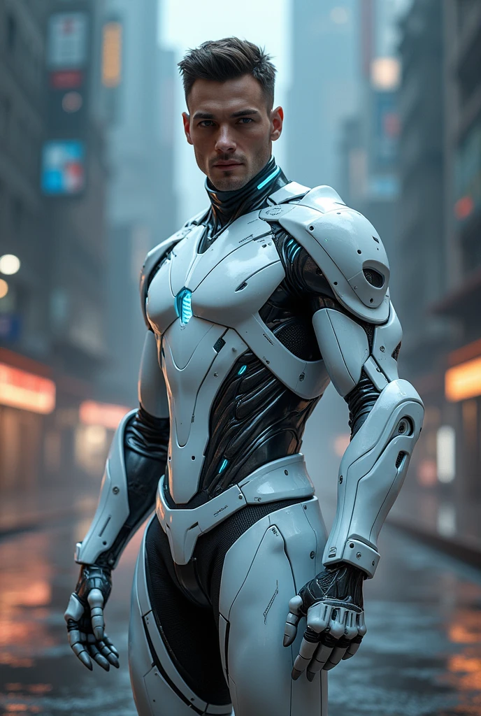 Ai genarate with a male picture
With white glossy cyborg coustume
