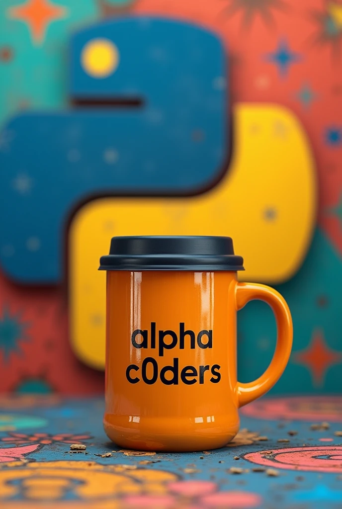 Coffee mug with a youthful design, with an engraving that says "alpha C0ders", which reflects youth, intelligence, perseverance, courage. In the background a wall with a large painting with the logo of the Python programming language