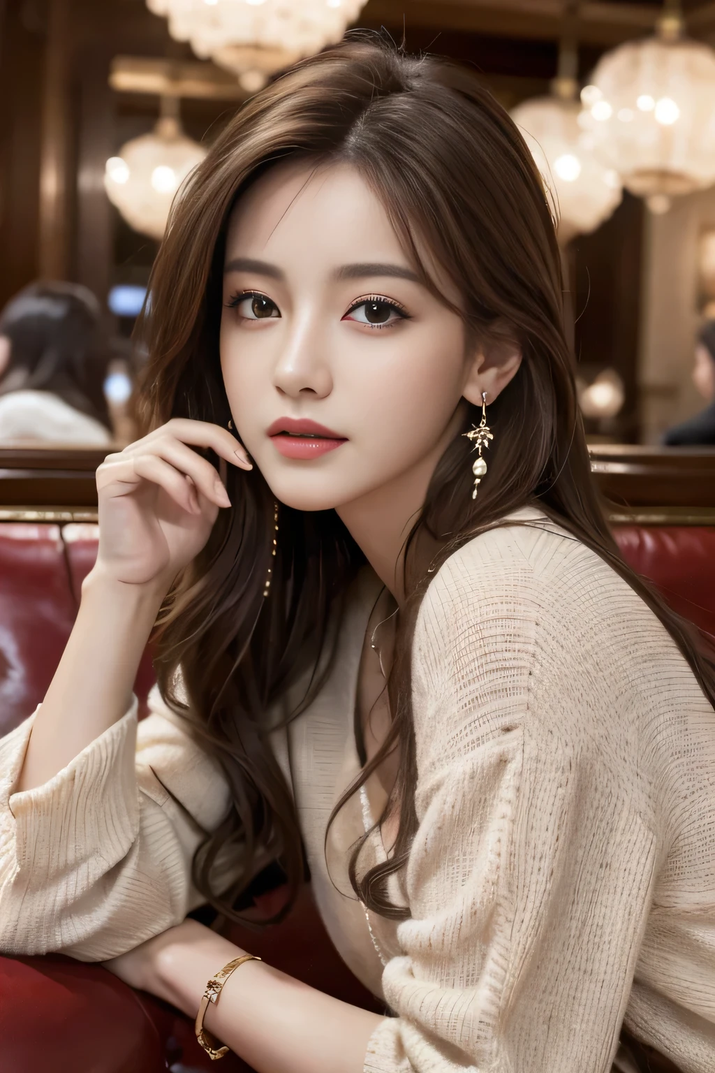 masterpiece, Highest quality, Realistic, Very detailed, Finer details, High resolution, 8k wallpaper, One beautiful woman, Wear a nice suit, In a great restaurant, At night, Light brown messy hair, Perfect dynamic composition, Beautiful and beautiful eyes、Big earrings、Sit on the sofa