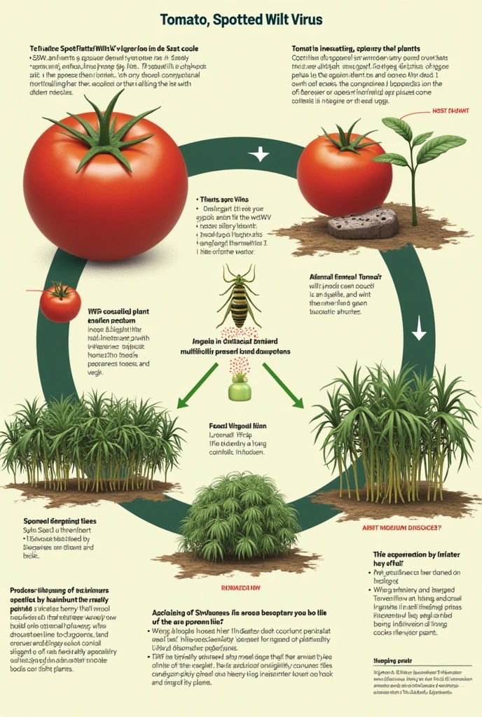 Diagram of the TSWV disease cycle:
Host plants (tomato)
Transmission by thrips (4 species) in larval stage Acquisition of the virus by thrips Maximum infectivity of thrips at 20-30 days Multiplication of the virus in the vector Thrips attracted by young plants (bright green color)
Cycle repeats itself in new plants and areas