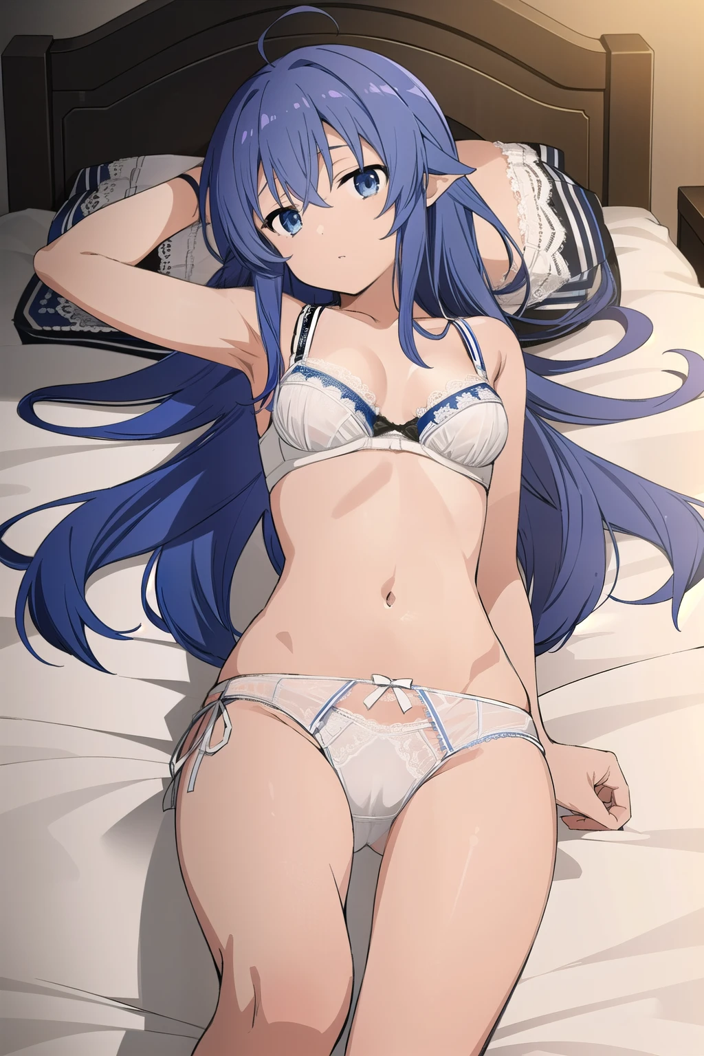 (masterpiece), (Highest quality), One girl, (Roxy Migurdia), Blue Hair, Long Hair, Hair between the eyes, Ahoge, Twin Blade, blue eyes, Small breasts, looking at viewer, (white Lace bra: 1.2), (white Lace panties: 1.2), ( lying on back), (spread legs, cowboy shot, indoor, bed room