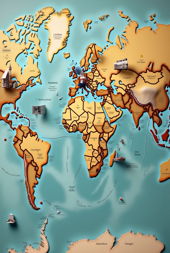 "A world map with several pins marking locations across different continents. Around the map, small images of Mother Teresa's charitable institutions should appear, showing the global reach of her work."