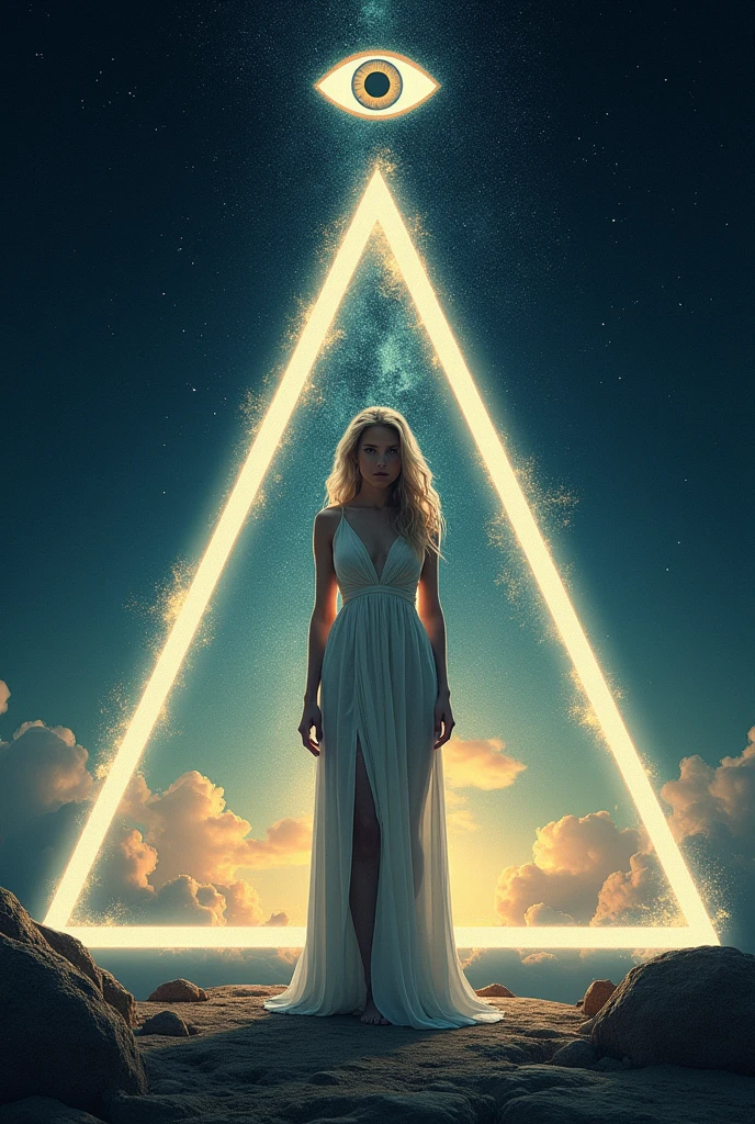 label for beer "MONJE OF SKY": central character: A pretty woman, 200cm tall wide hips, beautiful and blonde in an elegant dress, barefoot looking at the camera. Symbolic Element: The woman is located inside an equilateral triangle, that stands out in the design. bottom: A starry night sky, using light and soft colors. Mystical element: in the sky, There is a second smaller equilateral triangle with an eye in the center (in the style "All-seeing eye").
