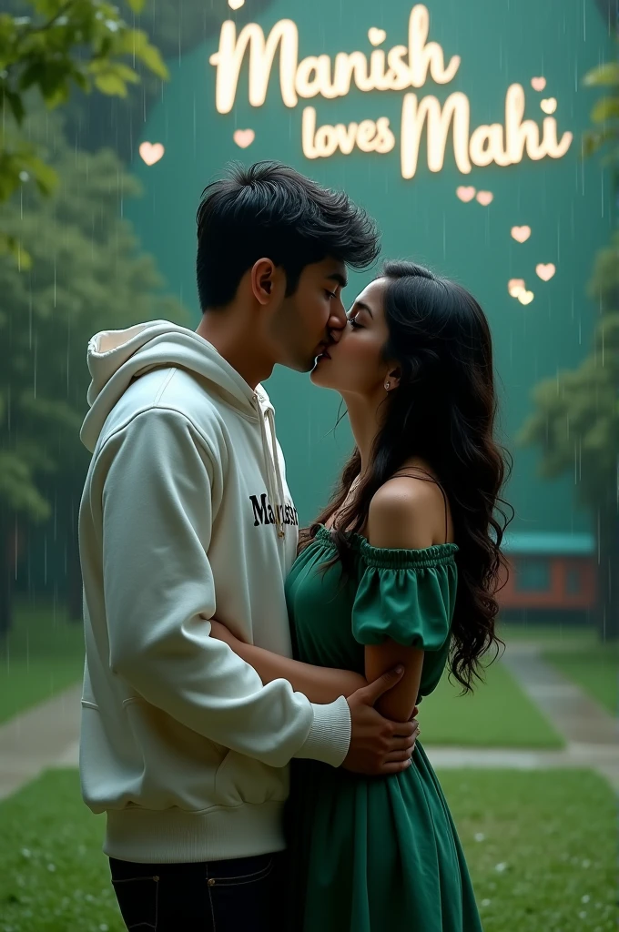 Create an illusion 2 couple standup in a beautiful park kissing and wearing a white hoodie with the name "Manish" and a cute girl green dress, a beautiful lonely boy, Both got wet in the rain, a realistic picture, and a big wall write on the back light font "Manish Loves Mahi". The boy keeps his hands on his girlfriend's waist. Flying Kisses in the background. full realistic photo, ultra-realistic picture, rainy day. very beautiful photo, a hyperealistic photo.