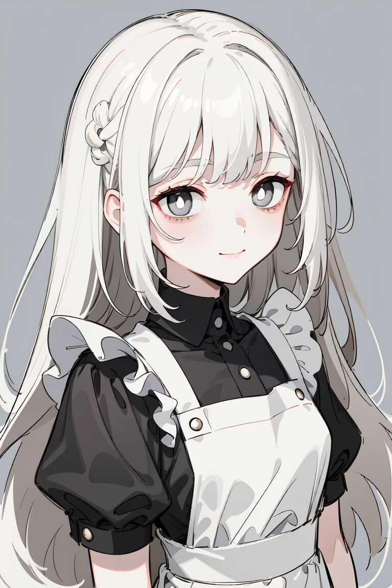 (masterpiece, best quality, ultra high quality, by quan, sketch:1.1), ((portrait)), 1girl, solo, young with long hair, pure white hair, straight hair, blunt bangs, ((pale gray eyes, white eyes, white pupils)) ((white pupils)), (colored eyelashes, white eyelashes:1.2), small breasts, flat chest, neutral, innexpressive, small smile, v-shape smile, curvy smile, :>, white and black dress, maid, white apron, upper body, standing, hands behind back, isometric lightning, white background, simple background