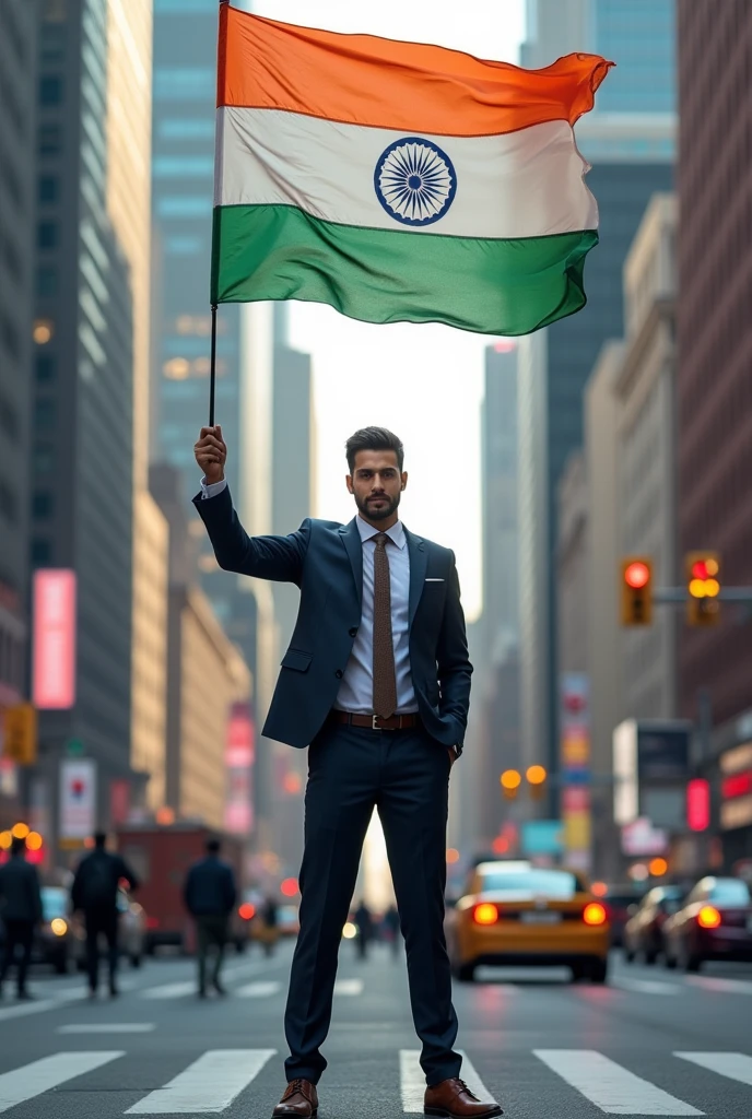 A indian bussnesman with flag in newyark city