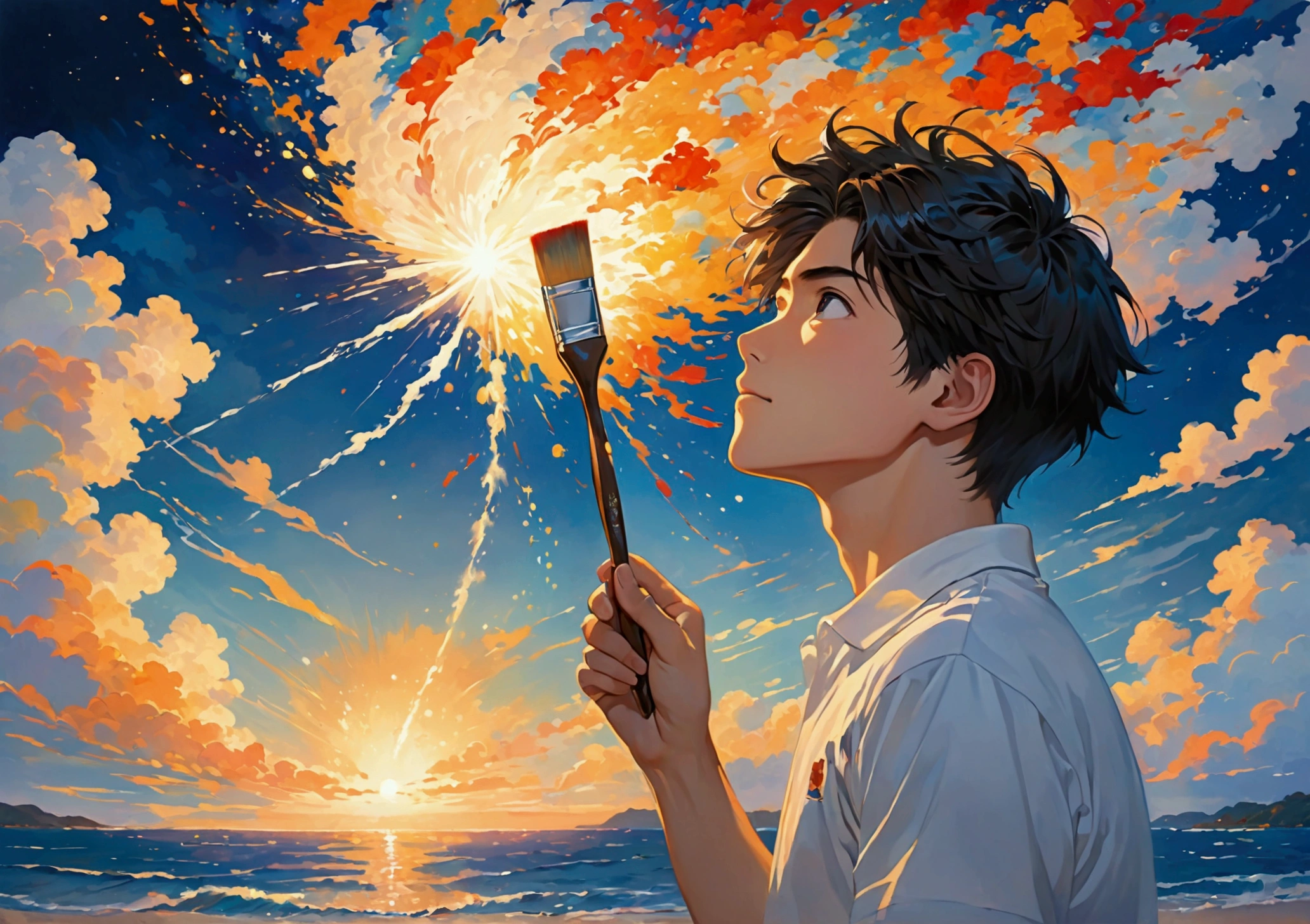 “japanese highschool boy”, “looking up at sky”, “holding paint brush, “painting sky”, “white polo shirt”, “by the ocean”, “night time”, “light shining from brush”, “sparkles exploding from brush”, “warm and cold”, “paint strokes exploding from brush”, “wind blowing strong at boy’s hair”, “wind from brush” "horizontal, 2388 x 1668"