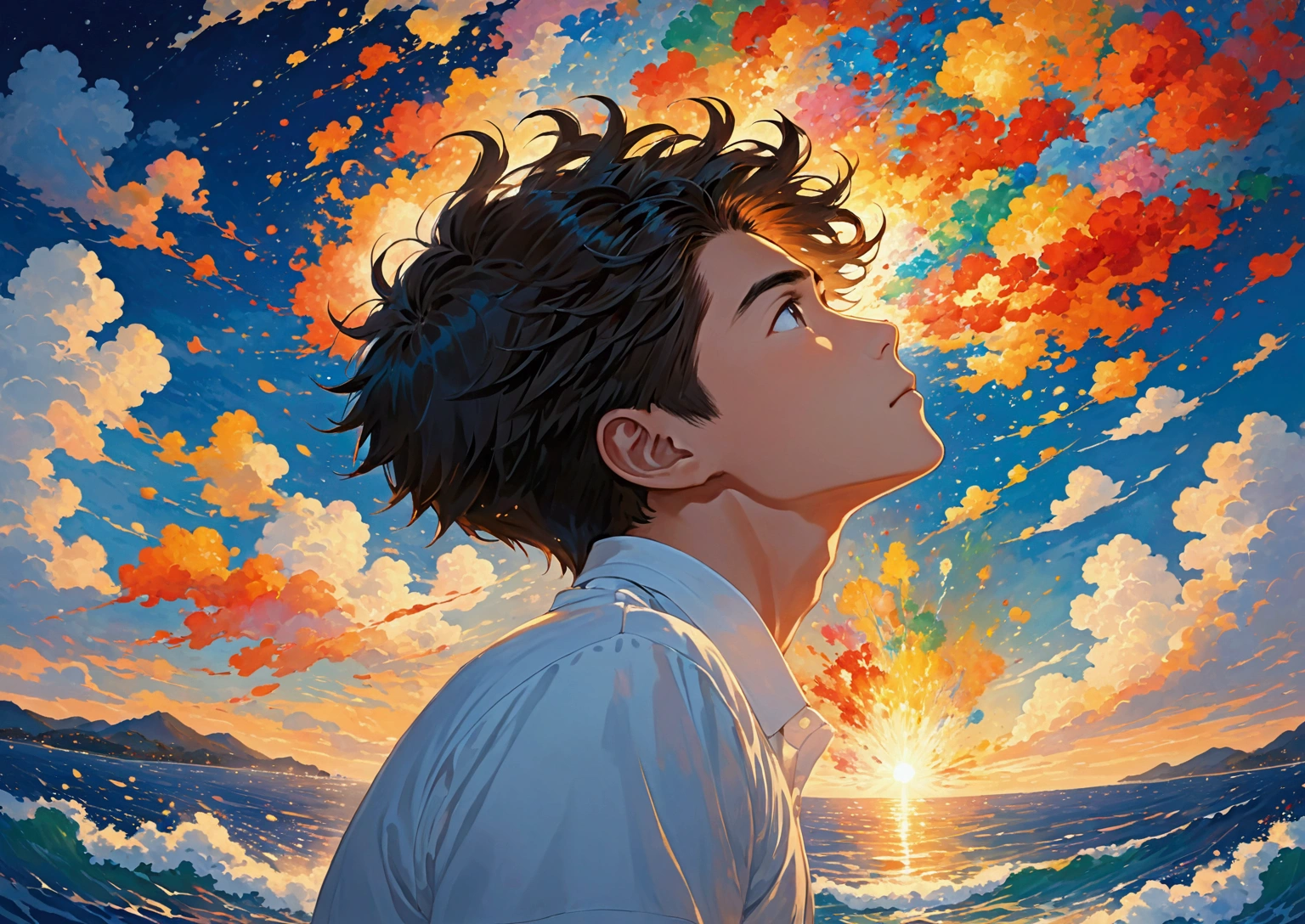 “japanese highschool boy”, “looking up at sky”, “holding paint brush, “painting sky”, “white polo shirt”, “by the ocean”, “night time”, “light shining from brush”, “sparkles exploding from brush”, “warm and cold”, “paint strokes exploding from brush”, “wind blowing strong at boy’s hair”, “wind from brush” "horizontal, 2388 x 1668"