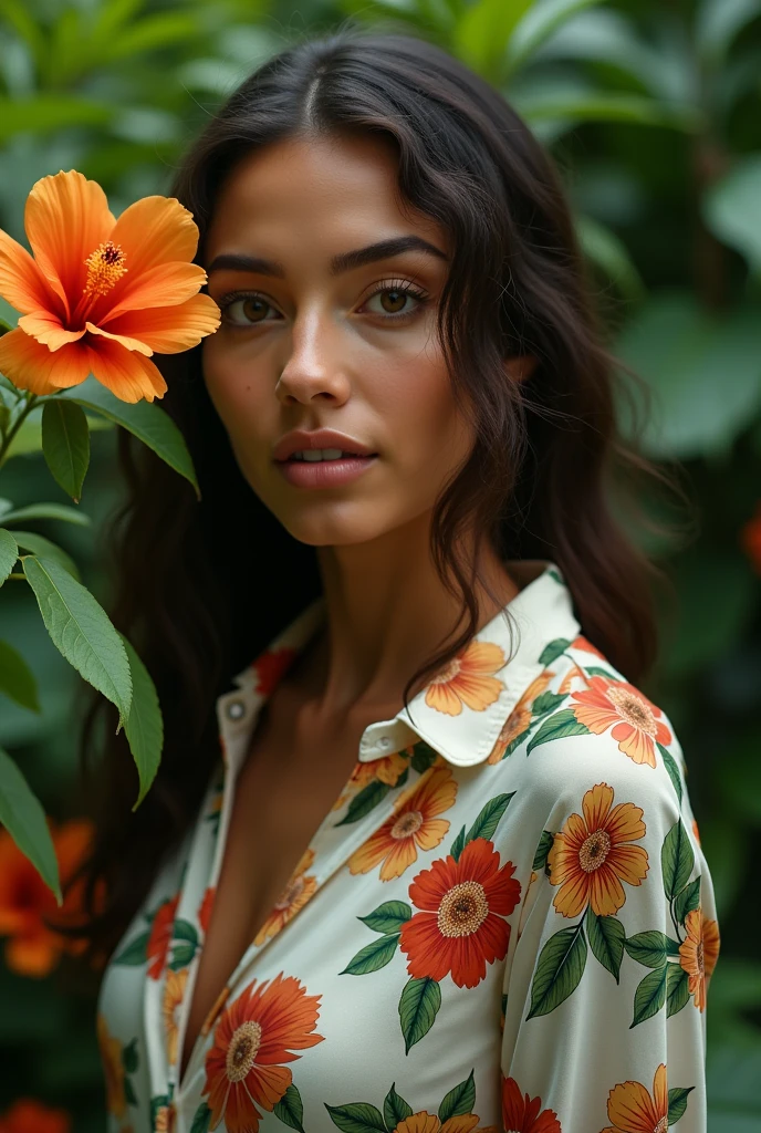 A Brazilian woman in a lush tropical garden, wearing an open shirt with a floral print, with a close-up capturing the harmonious beauty between her breasts and the natural flowers, showing off your natural charm and outgoing personality.