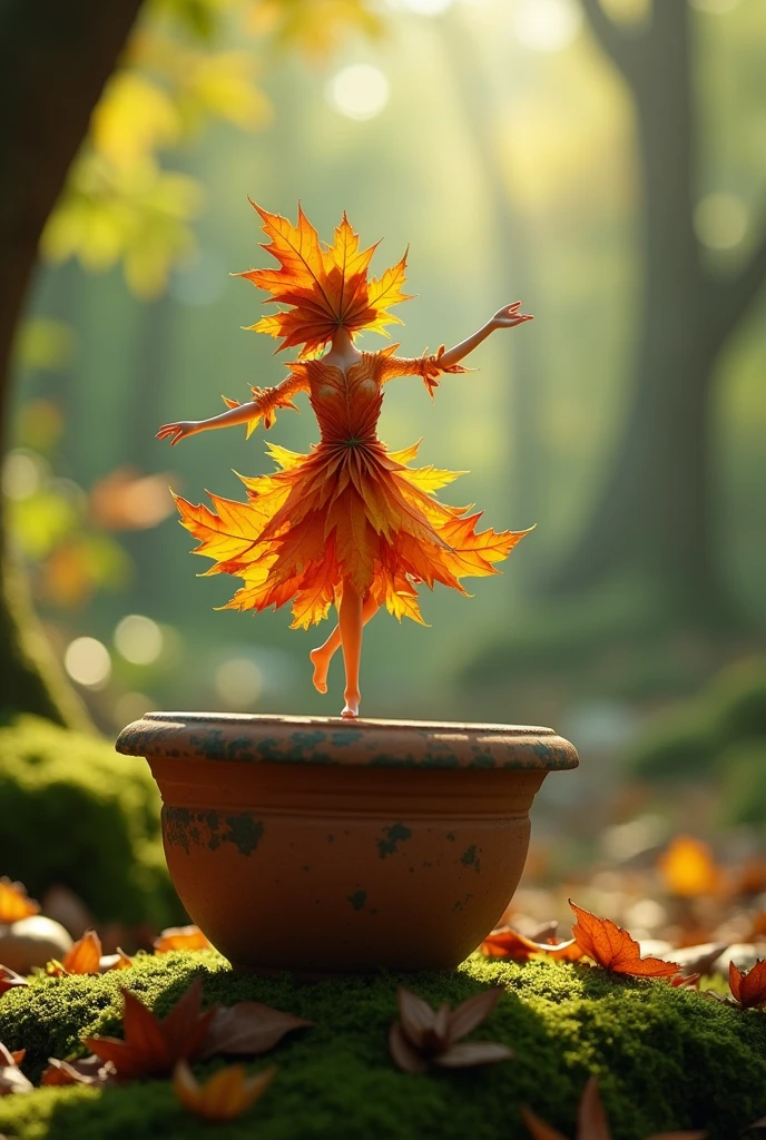 A whimsical miniature figure composed of delicately arranged autumn leaves, poised in a carefree dance on the rim of a weathered, moss-covered terracotta pot, set against a lush, vibrant forest backdrop, where dappled sunlight filters through the canopy above, casting intricate shadows. The overall aesthetic is ethereal, with warm, earthy tones of sienna, umber, and olive green, infused with hints of emerald and golden light, evoking a sense of wonder and enchantment, as if plucked from a fantastical realm.