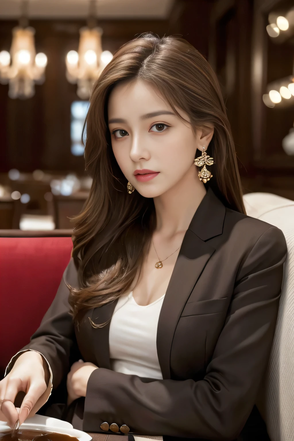 masterpiece, Highest quality, Realistic, Very detailed, Finer details, High resolution, 8k wallpaper, One beautiful woman, Wear a nice suit, In a great restaurant, At night, Light brown messy hair, Perfect dynamic composition, Beautiful and beautiful eyes、Big earrings、Sit on the sofa