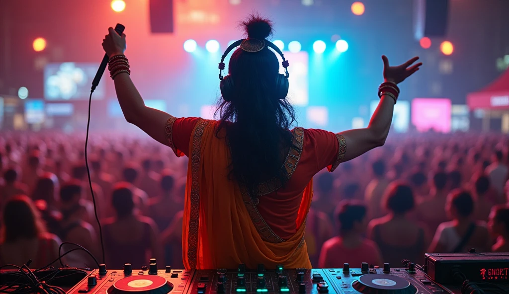 Upper body, (DJ lord krishna with headphones and microphone: 1,4), mixing console, performing at a vibrant (music festival: 1,2) with (energy people: 1,1) and (stage lights colorful: 1.1),(cinematic lighting), RAW photo, 8K