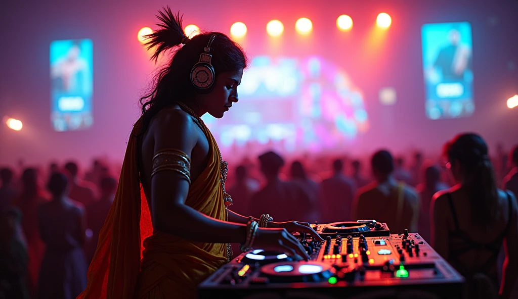Upper body, (DJ lord krishna with headphones and microphone: 1,4), mixing console, performing at a vibrant (music festival: 1,2) with (energy people: 1,1) and (stage lights colorful: 1.1),(cinematic lighting), RAW photo, 8K