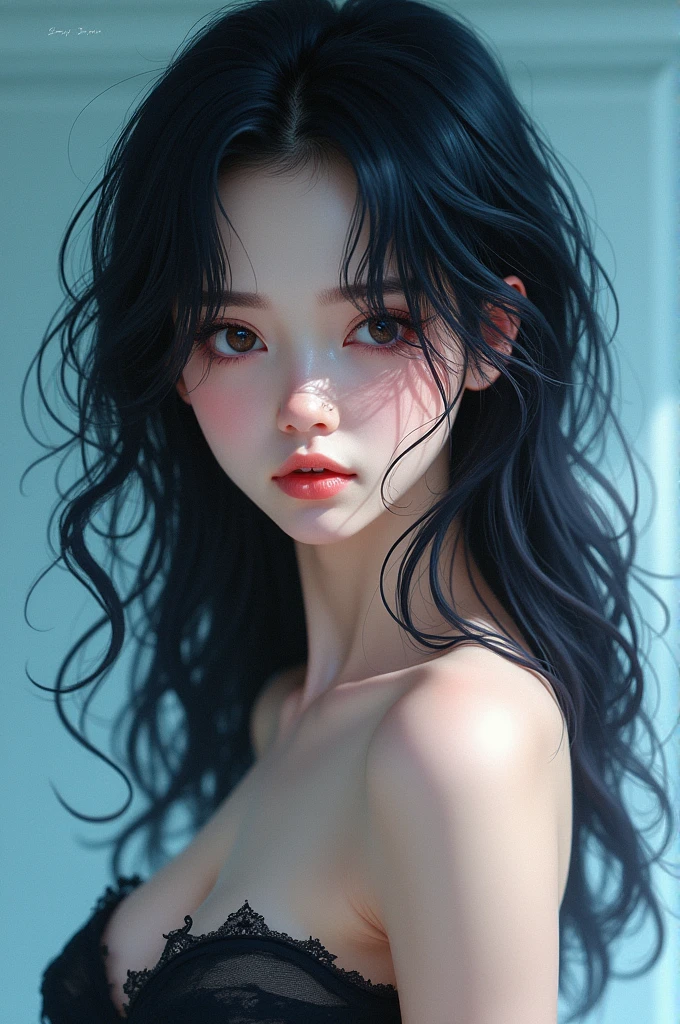 Generates a manhwa-style image of a  with white, smooth skin, a few strands of black wavy hair, the serious look and the intense seductive eyes, pastel blue, torn and small