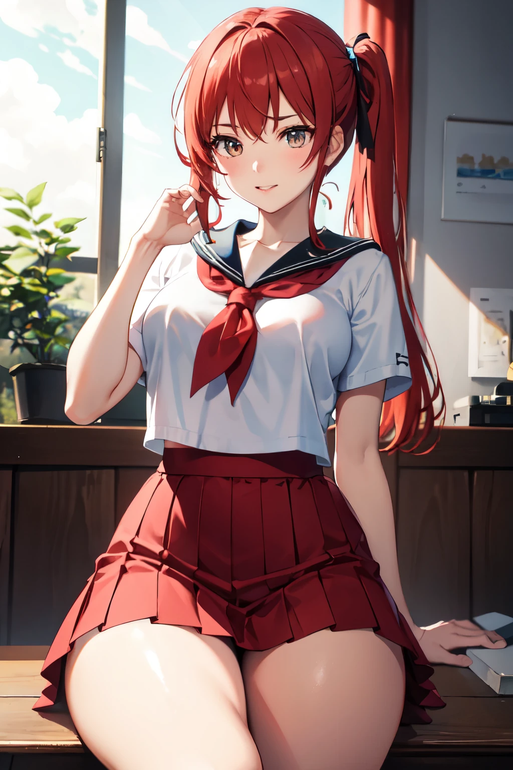 8k,Highest quality,masterpiece, Sharp focus,high school girl,,Red hair,Lewd,Sailor suit