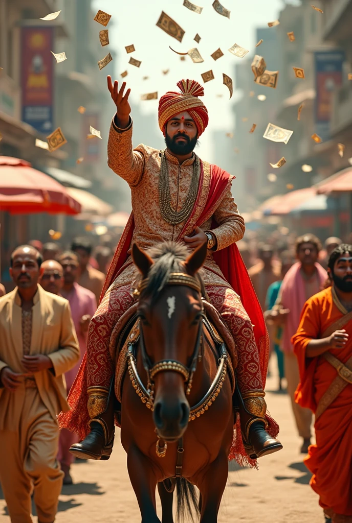 An Indian groom's wedding procession is going on and the groom is looting money while sitting on a horse!
