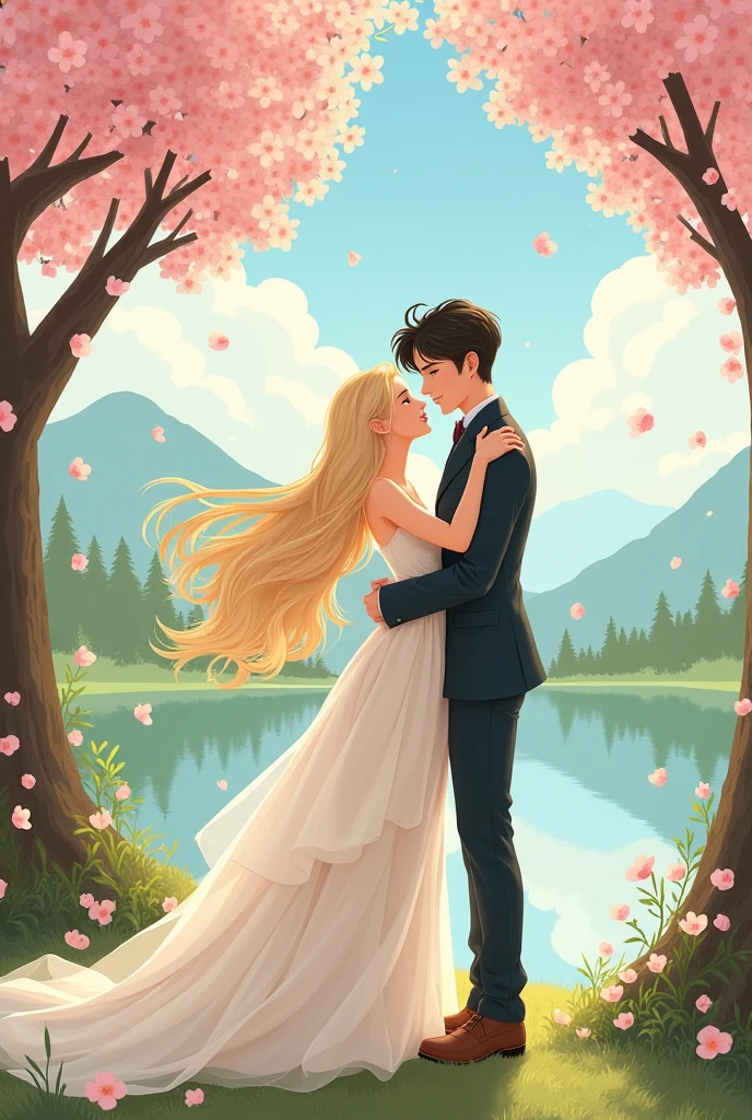 Give me a studio ghibli style illustration of a blonde haired girl that looks like Ariana Grande marrying a guy that looks like Sunghoon from Korean Enhypen