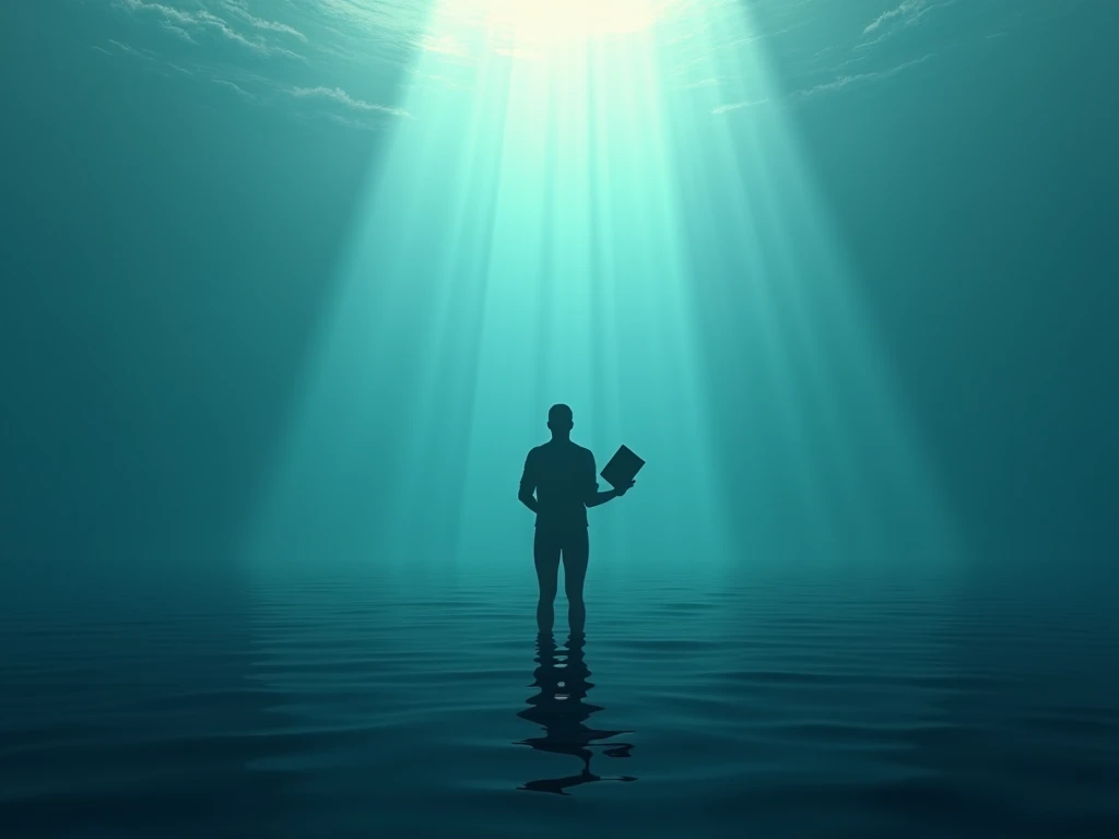 landscape with a diver centered in the ocean holding a bible
