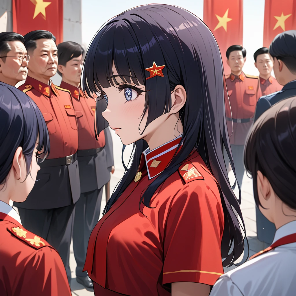 ((Highest quality)), ((masterpiece)), (detailed), （Perfect Face）、The woman is Reika Aoki with semi-long hair、The woman is wearing Communist Party uniform in China and is a member of the Chinese Communist Party.、The woman is listening intently to the teachings of the Chinese Communist Party members and receiving guidance.